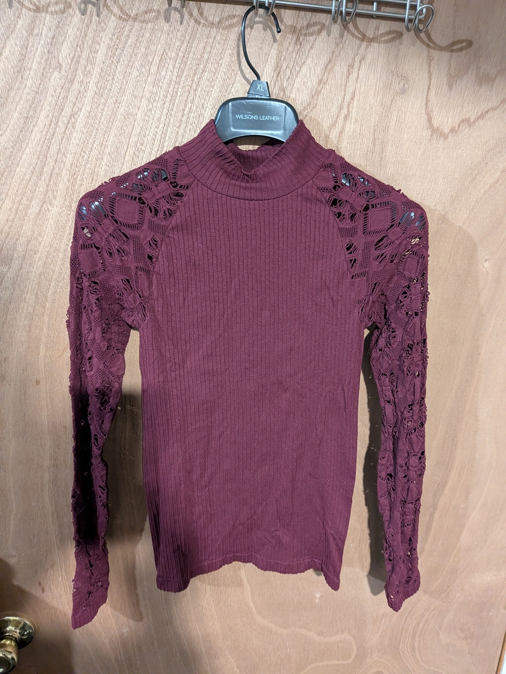 VENUS Burgundy Ribbed Mock Neck Top with Lace Long Sleeves